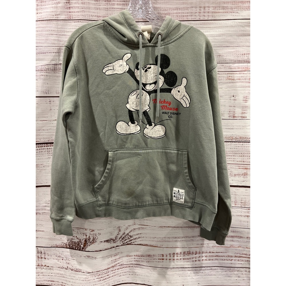 H&M Disney Mickey Mouse Hoodie Sage Green Distressed Graphic Pullover Medium